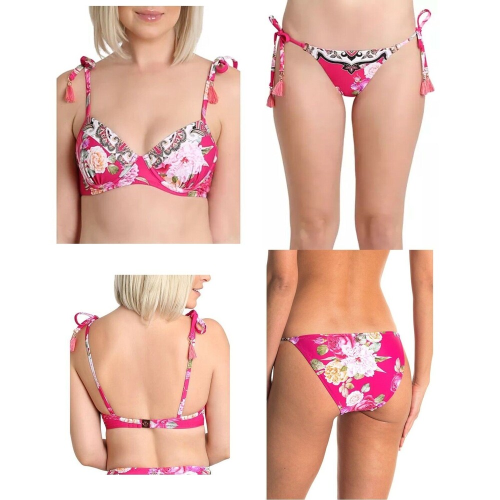 NWT NANETTE LEPORE 6 swimsuit bikini hot pink floral tropical padded tassels